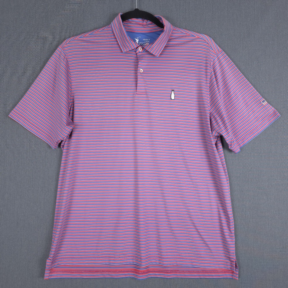 FG Tech MacArthur Golf Club Performance Polo Shirt Mens XL Red Blue Striped